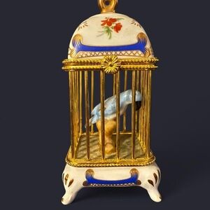 Vintage porcelain birdcage trinket box gold tone bird figurine cottagecore decor